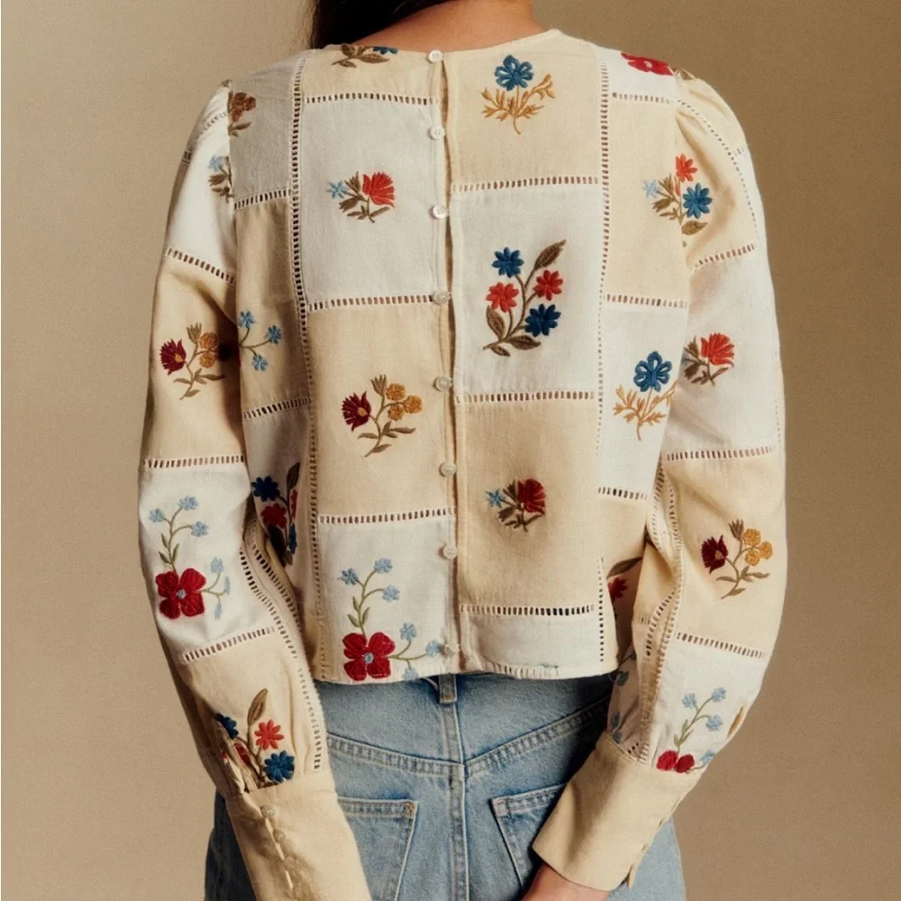 Sezane Flaminette Embroidered Floral Boxy Blouse - Picture 2 of 10